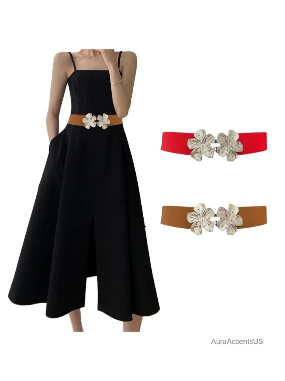 Elastic Stretch Waist Belt with Metal Flower Buckle